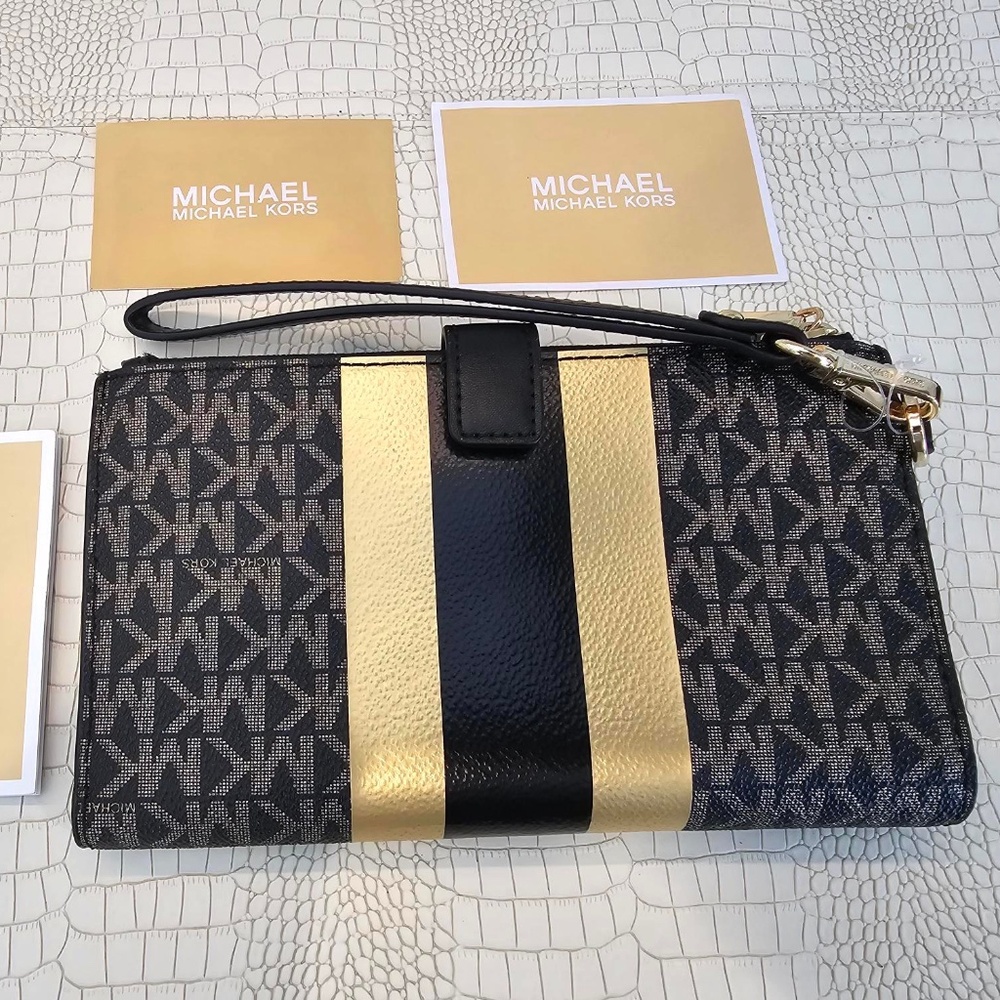 Michael Kors Women's Logo Stripe Continental Set Travel Double Top Zip Wallet